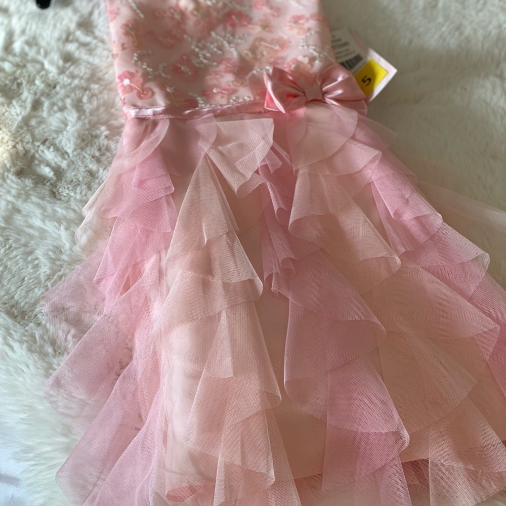 Girls Pink Tiered Tulle Party Dress with Bow – Size 5
